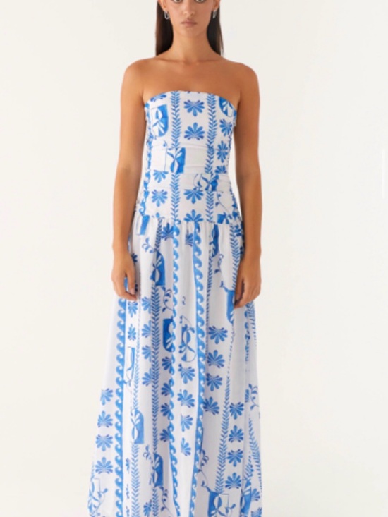 Peppermayo Dresses & Skirts - PEPPERMAYO Strapless White and Blue Floral Maxi Dress